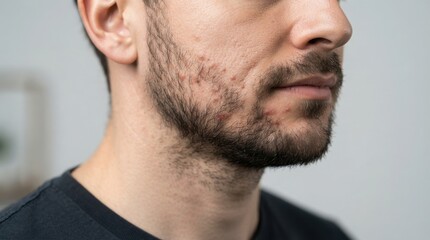 Fototapeta premium Facial skin irregularities and possible scarring observed in a male profile view