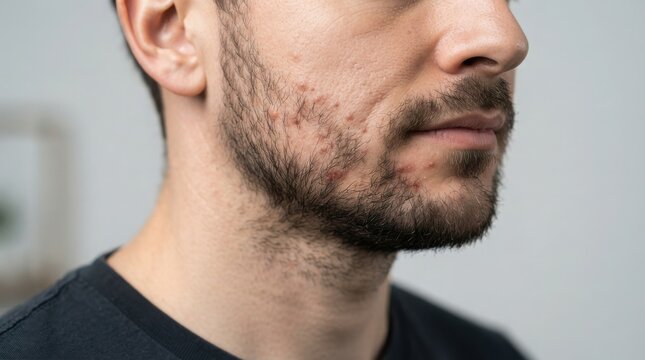 Facial skin irregularities and possible scarring observed in a male profile view