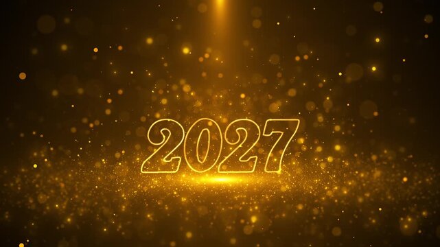 Glowing 2027 numerals rise above golden bokeh, glitter and bright light, creating a premium New Year celebration scene for countdowns, greetings, party promo, event openers and seasonal video content.