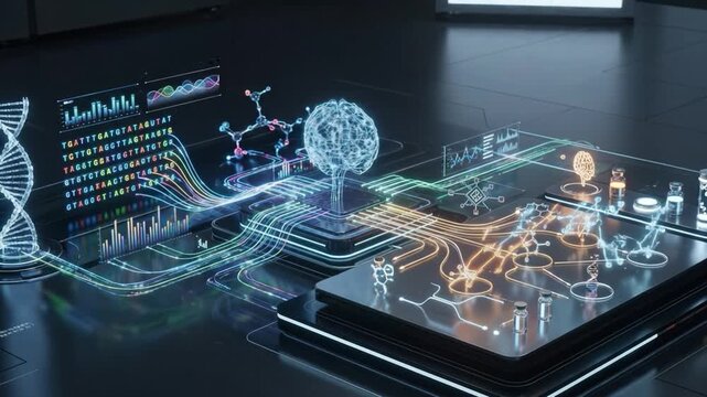 Digital biotechnology dna molecule brain laboratory data network interface research with glowing hologram genetic code medical science analysis innovation and futuristic laboratory display