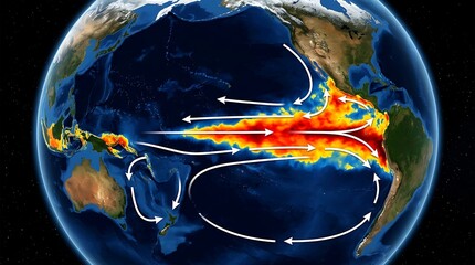 Fototapeta na wymiar earth oceans pacific with detailed climate change currents distribution and El Nino phenomenon visualized by heat map and arrows.