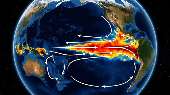 earth oceans pacific with detailed climate change currents distribution and El Nino phenomenon visualized by heat map and arrows.