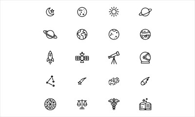 Set of 20 icons related to space and astronomy and astrology. Outline symbols collection. Editable stroke © SantoshArt