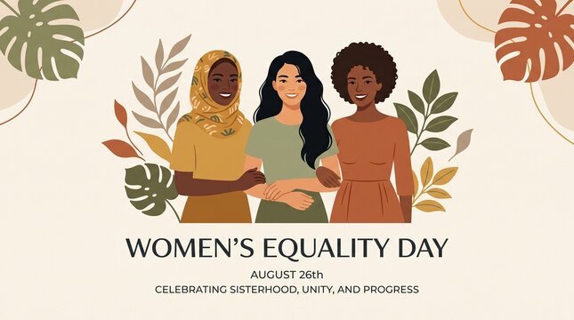 Women's Equality Day text with diverse women and botanical on cream background. August 26 celebrating sisterhood, unity, and progress. Inclusive empowerment graphic for social awareness.