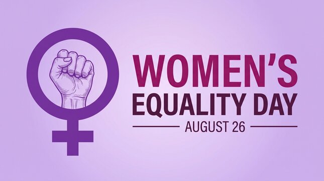 Women's Equality Day August 26 text features feminist fist icon on purple background. Symbol of gender parity and social progress. Empowerment movement design for equality campaigns.