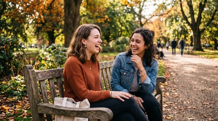 Fototapeta premium Two young women laughing together on a park bench during autumn with colorful trees in the background