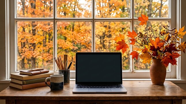 Cozy desk featuring modern laptop books and pencil cup placed near window overlooking autumn landscape perfect for creative home office work space and academic study atmosphere.