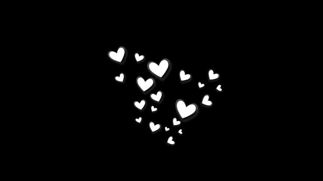 White heart shapes float over a deep black background with soft shadows and clean contrast, creating a romantic scene for Valentine greetings, wedding edits, love messages, invitations social posts.