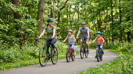 Fototapeta premium Happy family cycling together on a paved path through a lush green forest on a sunny day