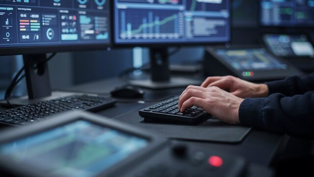 Professional Cybersecurity Analyst Working at a High Tech Computer Monitoring Station