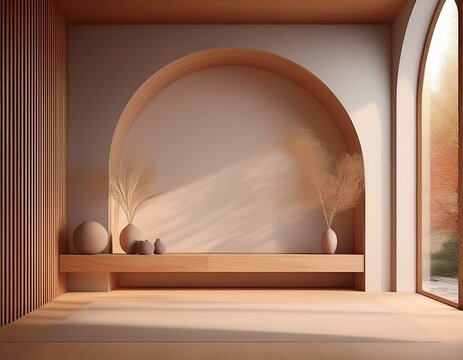 minimalist interior design with archway and wooden accents