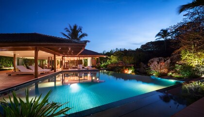 Fototapeta premium tropical pavilion villa with koi pond and infinity pool at night