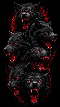 Digital illustration of fierce black wolves with glowing red eyes and open snarling mouths surrounded by red fiery energy and smoke against a solid black background for dramatic effect.