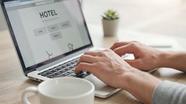 Man booking hotel online using laptop on wooden desk