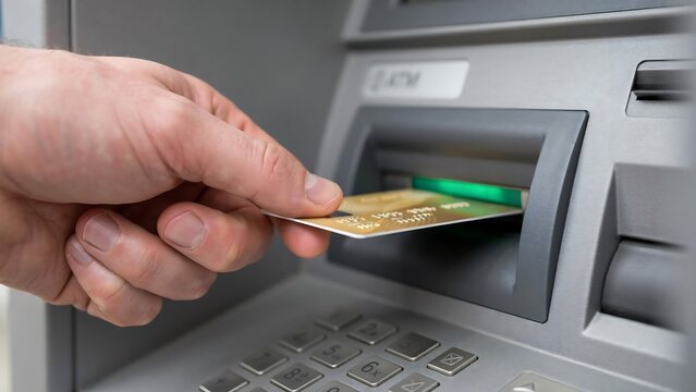 Hand inserting credit card into ATM for withdrawal