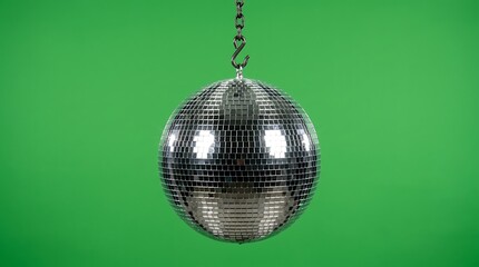 Fototapeta premium Shiny disco ball hanging from metal chain against vibrant green background, perfect for parties celebrations and disco themes as a graphic element or decoration.