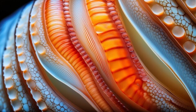 close up of bioplastic shrimp shell texture with orange spot and scalloped edge for organic background
