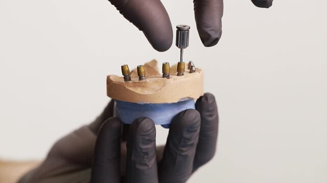 Close-up of a doctor&rsquo;s hands tightening a dental implant component with a surgical instrument, dental procedure, jaw model and implant placement. Dental implantation, dentures, implants