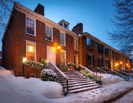 brick townhouse with snowy steps and lit windows