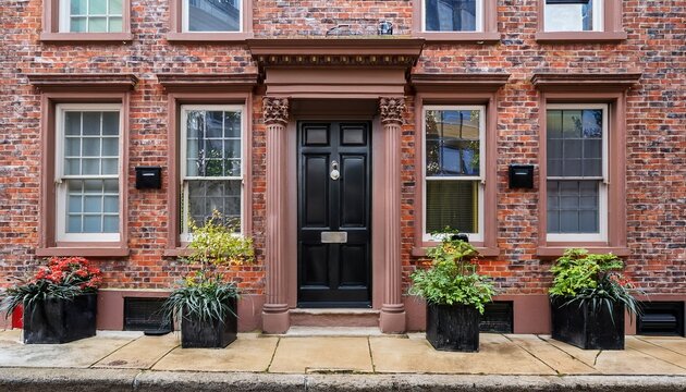 brownstone townhouse facade with black door and potted plants on cobblestone street