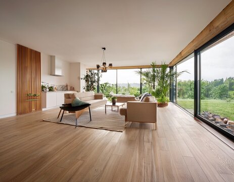 modern minimalistic open plan living area with panoramic windows wood accents and indoor greenery