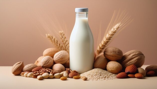 product photography product shot of milk bottle surrounded by various nuts and grains on light beige background minimalist style