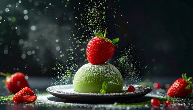 Matcha Mochi Dessert with Fresh Strawberry