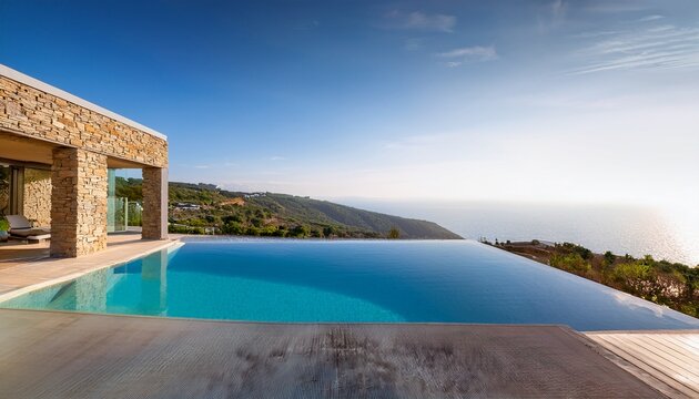 modern stone house with infinity pool overlooking sheltered bay