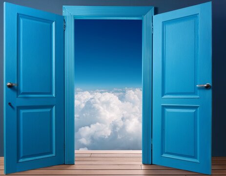 open blue door revealing a cloud filled sky for dreamlike escapism and travel concept