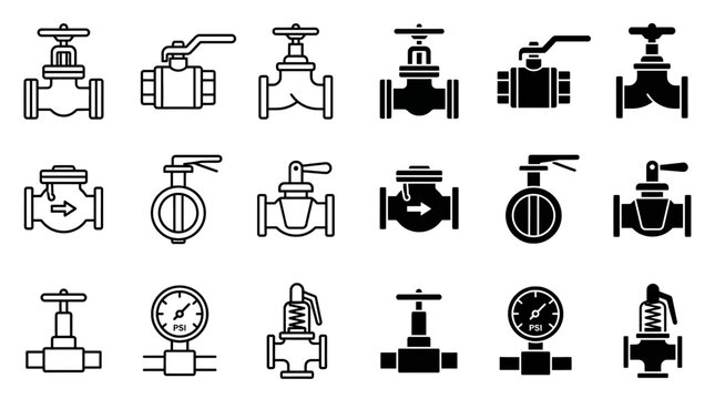 Industrial pipeline valves and plumbing fittings vector icon set in outline and solid black silhouette style
