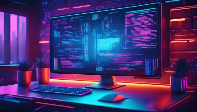 computer monitor with code on screen lights on the wall a neon room with a computer screen hd wallpaper