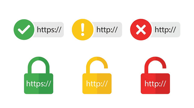 Web security status and http protocol padlock icons set with secure connection checkmarks and warning signs
