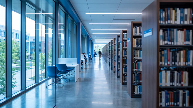 Library bookshelves stand filled with books along a modern interior corridor.