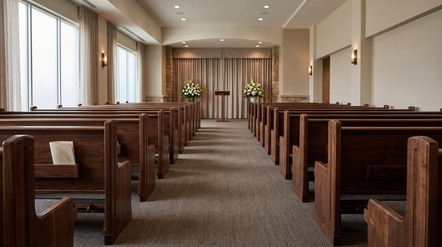 Modern chapel interior with wooden pews and floral arrangements  