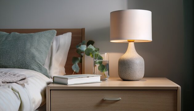 scandinavian style bedside table with a ceramic table lamp a hardcover book a glass of water and a sprig of eucalyptus in a tiny vase cool muted tones clean line