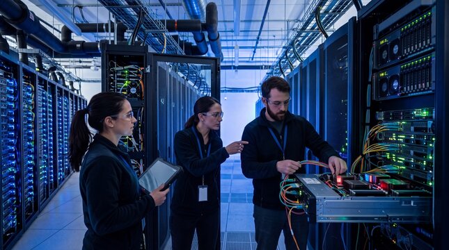 Three IT professionals collaborate inside a data center, troubleshooting servers and optimizing computer networks.