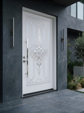 Contemporary white front door with silver ornamental details and dark stone exterior walls of a luxury home, entrance