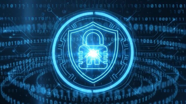 Cybersecurity shield lock for digital network data code technology blue security symbol, glowing circuit background, encrypted smart home privacy protection concept