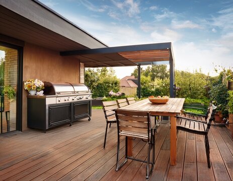 outdoor kitchen with barbecue grill and dining area