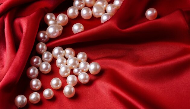 rich red satin fabric creative background pearl beads spilled