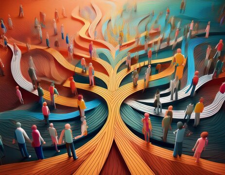 abstract representation of collaboration as multiple paths converging to form a unified and stronger whole