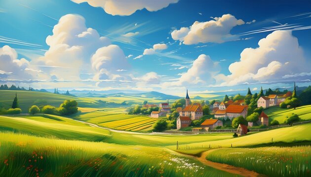 a beautiful sunny day over the lush green fields and a quaint village amidst the vast blue sky and white clouds