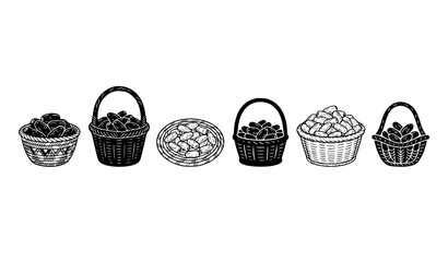 Obraz premium Traditional Date Fruit Basket Outline and Black Silhouette Vector Set