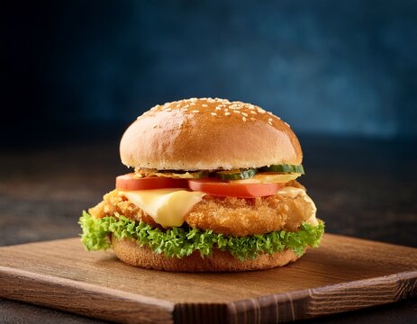 delicious crispy chicken burger with lettuce tomatoes and cheese on a wooden board