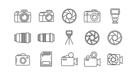 Fototapeta premium Photography Icons Set: Cameras, Lenses, Flash, Tripod, SD Card, Video Cameras