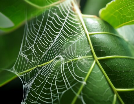 close up delicate spider mite webbing is shown draped over edges of a green leaf fine silky texture of web which acts as protective shield for parasites as they spread throughout the houseplant