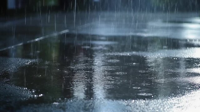 Rainy Day on Asphalt Street, Wet Pavement, Raindrops Falling