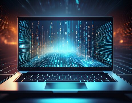 binary code data bit screen display on laptop computer screen matrix of data flow rise of the big data ai age artificial intelligence data transfer
