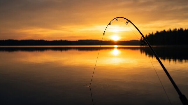 Fishing rod silhouette against a beautiful golden sunset over a calm lake for wallpaper.