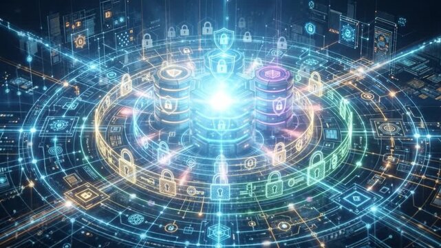 Cybersecurity data network lock server encryption technology digital security interface glowing circuit cloud database protection secure connection futuristic infrastructure system
